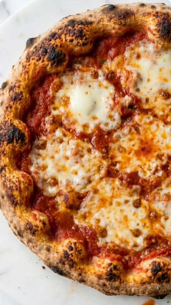 Nahaufnahme von Pizza aus Sauerteig — Detailansicht des luftigen, knusprig ausgebackenen Pizza-Randes mit Röstflecken.