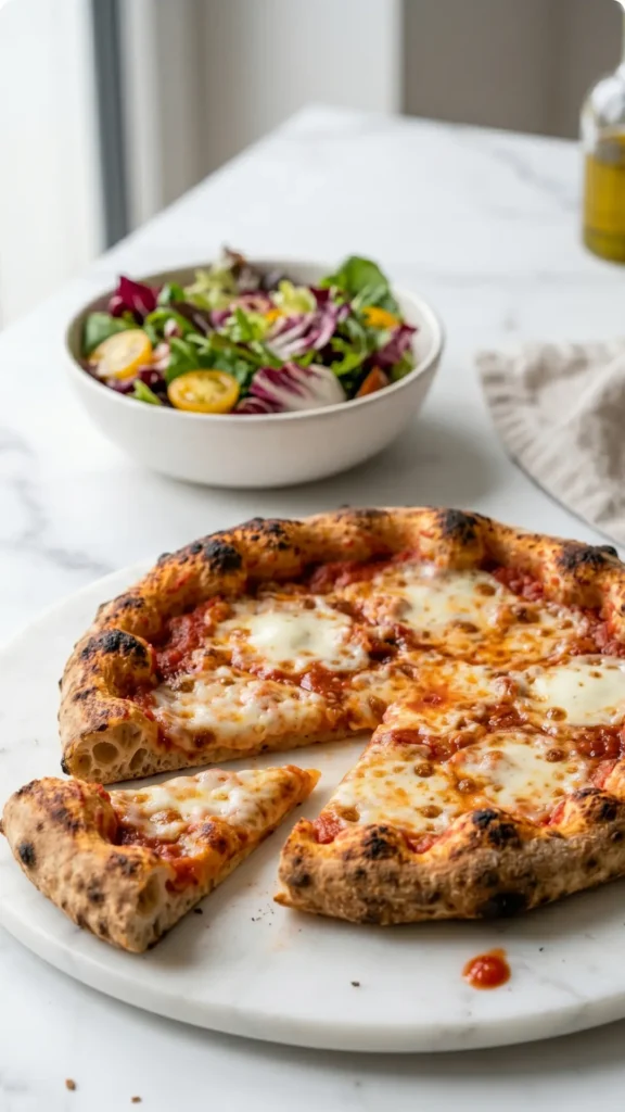 Pizza aus Sauerteig serviert mit bunter Blattsalat — Ein abgeschnittenes Stück Pizza liegt einladend neben einer Schale Salat.