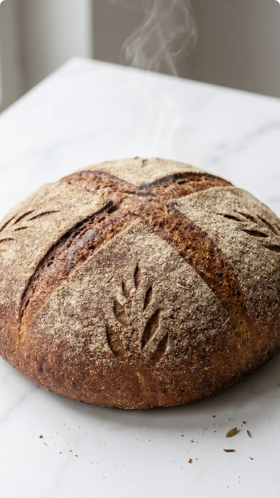 Polnisches Roggenbrot mit Kümmel frisch gebacken — Ein bemehlter, dunkelbraun aufgerissener Brotlaib auf hellem Marmorgrund.