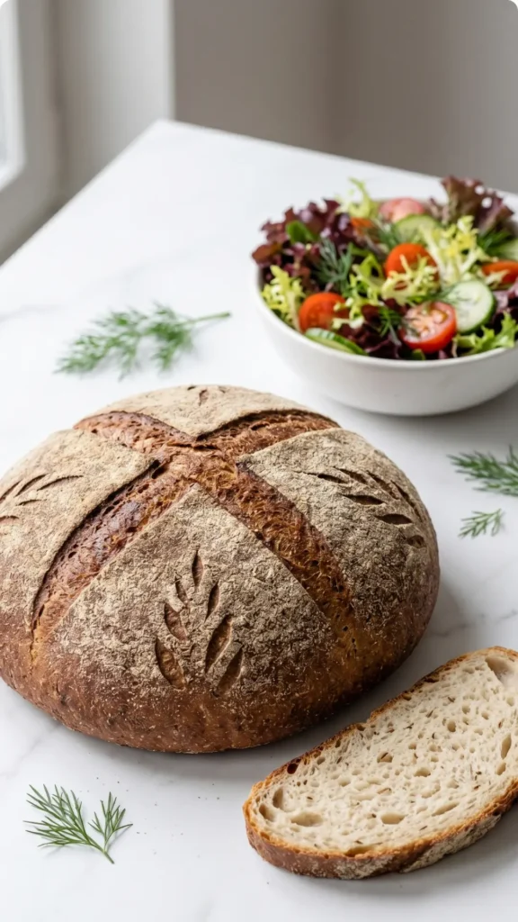 Polnisches Roggenbrot serviert mit bunter Blattsalat — Eine abgeschnittene, saftige Brotscheibe mit Kümmelkörnern neben frischem Salat.