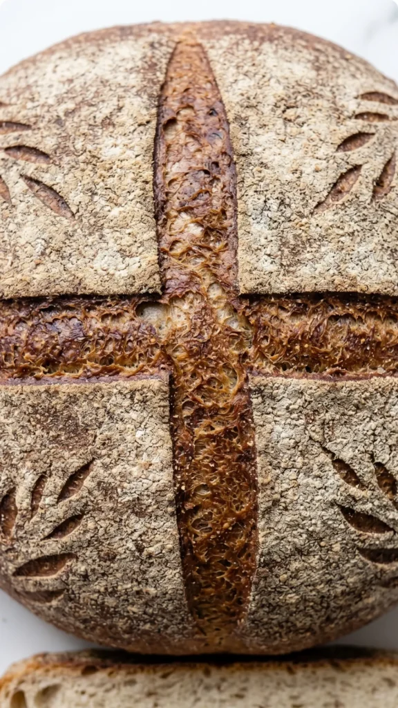 Nahaufnahme von Polnisches Roggenbrot mit Kümmel — Detailansicht der tiefen Backspalten und der bemehlten, krossen Brotkruste.