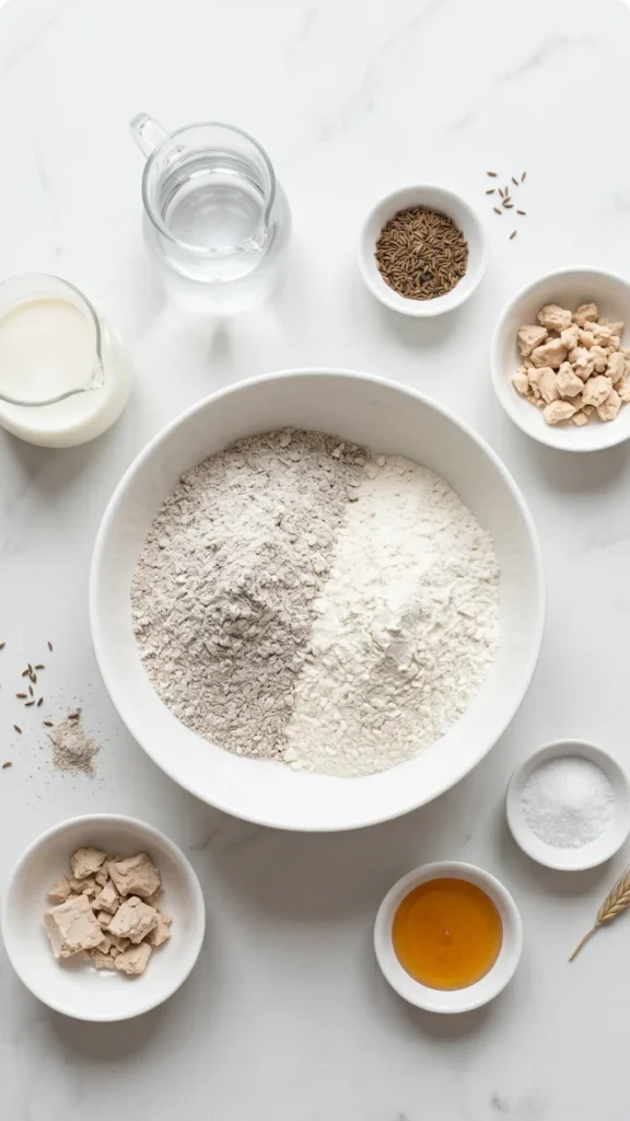 Zutaten für polnisches Roggenbrot: Roggenmehl, Weizenmehl Type 550, frische Hefe, Milch, Wasser, Kümmel, Salz und Honig.