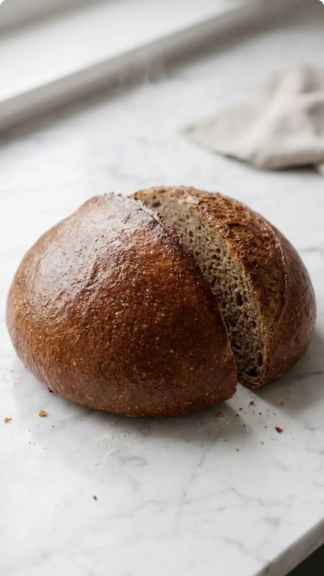 Roggenbrot ohne Sauerteig frisch gebacken — Ein glänzender, tiefbrauner Brotlaib auf hellem Marmorgrund.