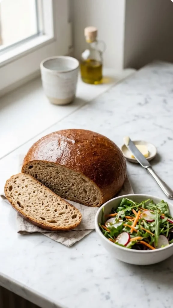 Roggenbrot ohne Sauerteig serviert mit bunter Blattsalat — Eine abgeschnittene, saftige Brotscheibe mit krosser Kruste liegt neben knackigem Salat.