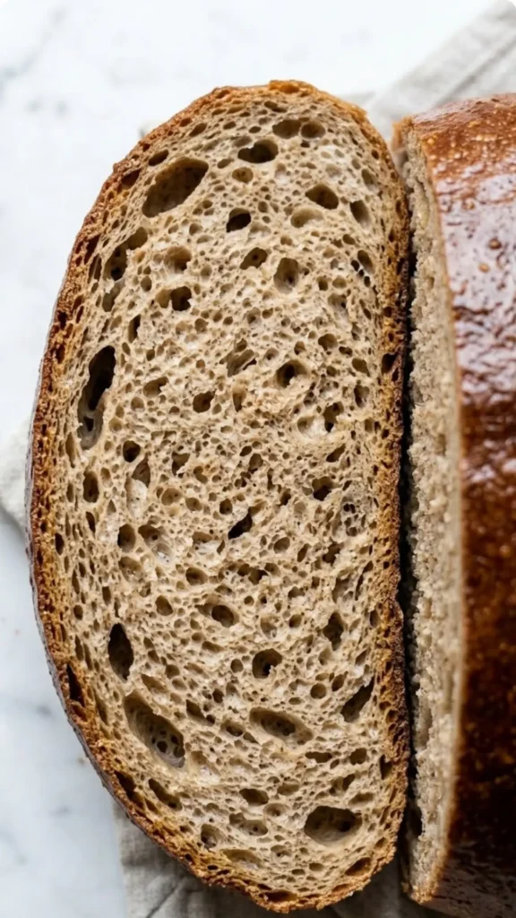 Nahaufnahme von Roggenbrot ohne Sauerteig — Detailansicht der glänzenden, knusprigen Kruste des Hefe-Brotlaibs.