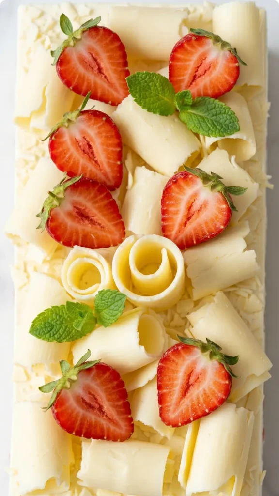 Nahaufnahme von Erdbeerschnitten — Detailansicht der cremigen Schmand-Sahne-Oberfläche mit saftigen Erdbeeren und Schokoraspeln.