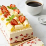 Erdbeerschnitten serviert mit Filterkaffee — Ein saftiges Stück Erdbeer-Blechkuchen liegt einladend neben einer Tasse warmem Kaffee.