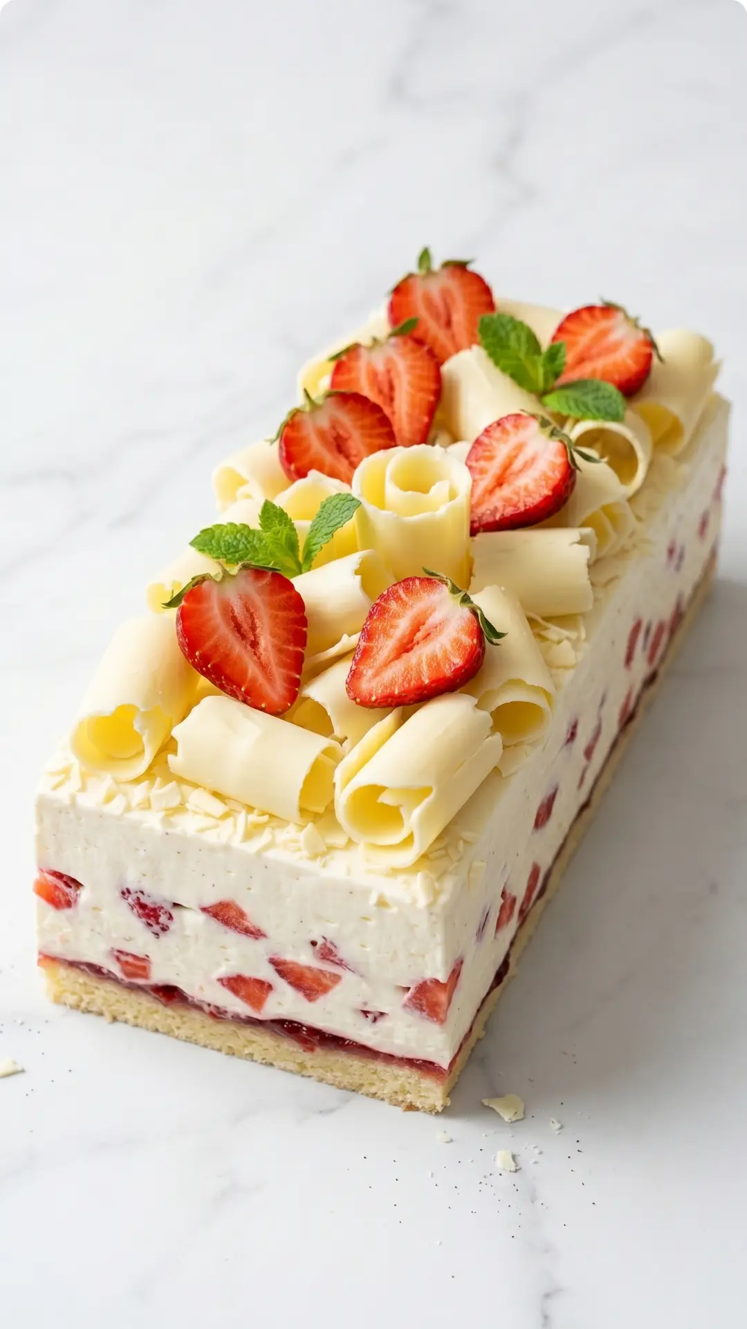 Erdbeerschnitten frisch gebacken — Fruchtiger Fanta-Schmand-Kuchen vom Blech mit Erdbeeren und weißen Schokoladenflocken.