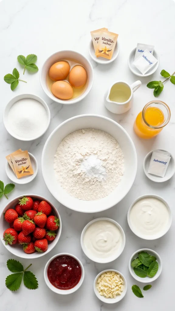 Zutaten für Erdbeerschnitten: Weizenmehl, Eier, Orangenlimonade, Pflanzenöl, Zucker, Schmand, Sahne, frische Erdbeeren und weiße Schokoraspel.