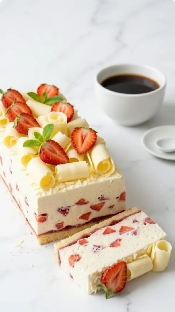 Erdbeerschnitten serviert mit Filterkaffee — Ein saftiges Stück Erdbeer-Blechkuchen liegt einladend neben einer Tasse warmem Kaffee.