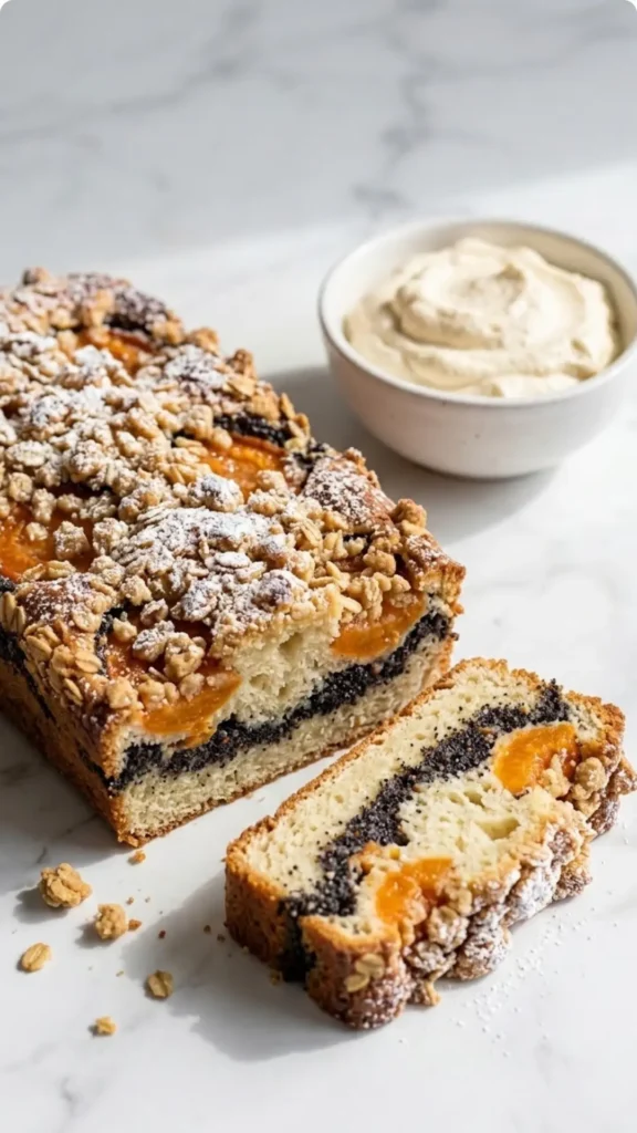 Mohn-Aprikosen-Schnitten serviert mit Vanillesahne — Ein aufgeschnittenes Kuchenquadrat offenbart die saftige Mohnfüllung neben Sahne.