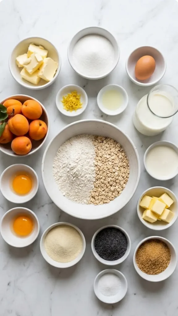 Zutaten für Mohn-Aprikosen-Schnitten: Weizenmehl, Haferflocken, frische Milch, Sahne, Butter, gemahlener Blaumohn und Aprikosen.