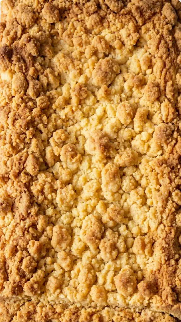 Nahaufnahme von Käsekuchen mit Streuseln — Detailansicht der knusprigen, buttrigen Streuselkrümel auf dem Blechkuchen.
