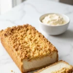 Käsekuchen mit Streuseln serviert mit Vanillesahne — Ein aufgeschnittenes Kuchenquadrat offenbart die cremige Füllung neben Sahne.