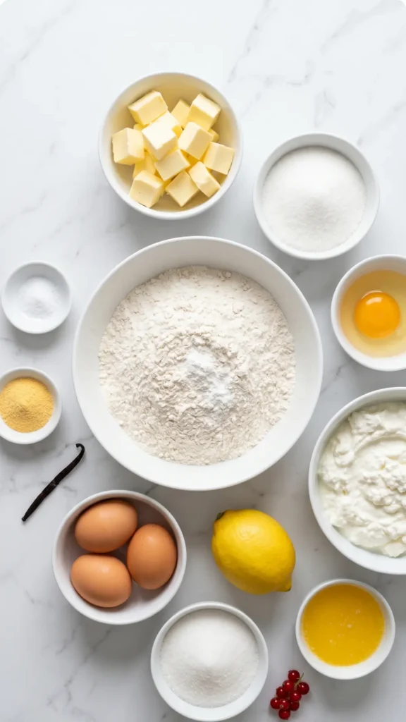 Zutaten für Käsekuchen mit Streuseln: Weizenmehl, Magerquark, Eier, kalte Butter, Zucker, Puddingpulver und eine Bio-Zitrone.