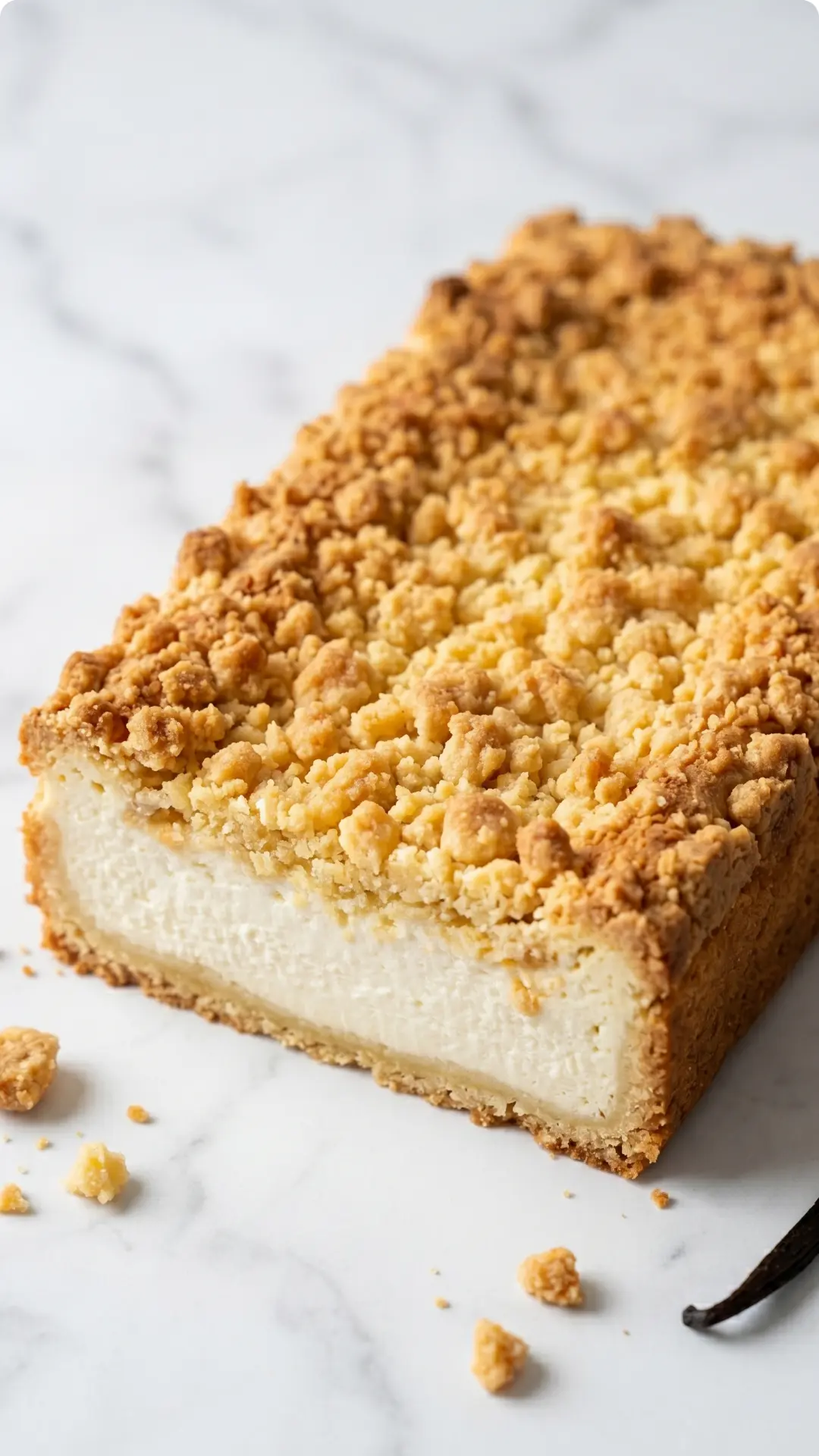 Käsekuchen mit Streuseln frisch gebacken — Goldbraun knuspriger Streusel-Blechkuchen mit saftiger Quarkfüllung.