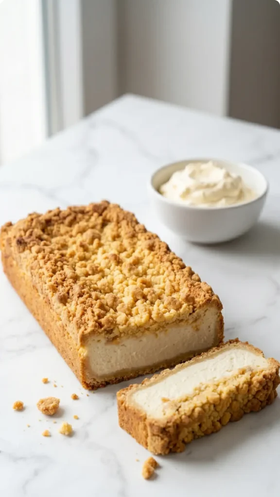Käsekuchen mit Streuseln serviert mit Vanillesahne — Ein aufgeschnittenes Kuchenquadrat offenbart die cremige Füllung neben Sahne.