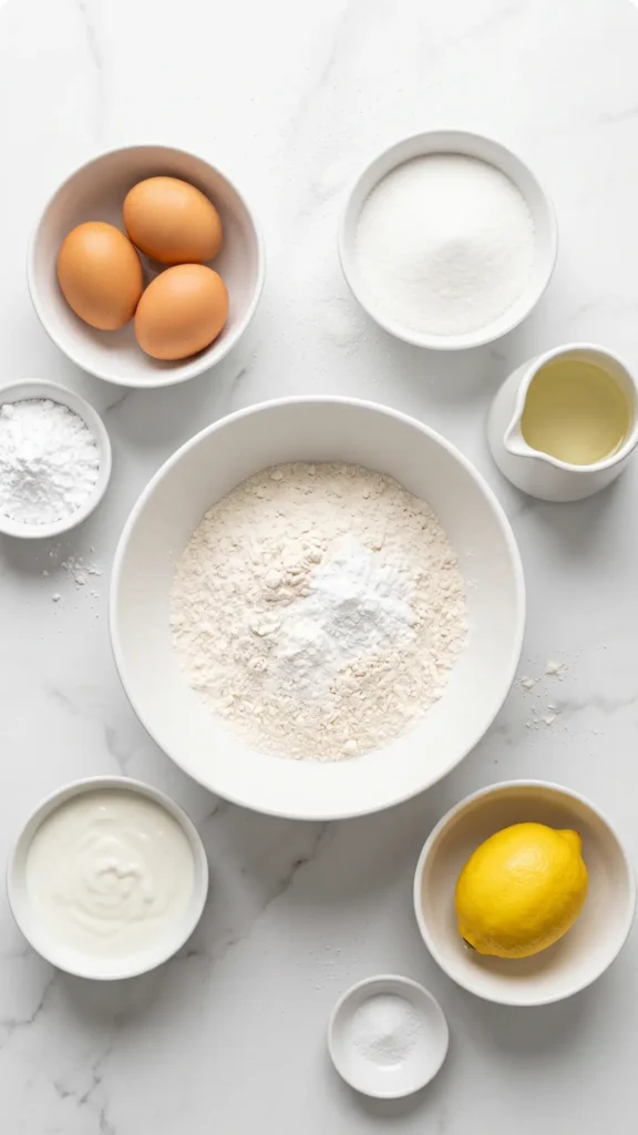 Zutaten für Zitronen-Joghurt-Kuchen: Weizenmehl, Naturjoghurt, frische Eier, Zucker, Pflanzenöl, Puderzucker und eine Bio-Zitrone.