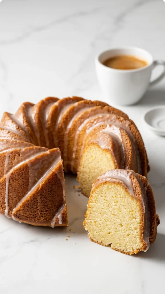 Zitronen-Joghurt-Kuchen serviert mit Filterkaffee — Eine abgeschnittene, flaumige Kuchenscheibe liegt appetitlich neben einer Tasse Kaffee.