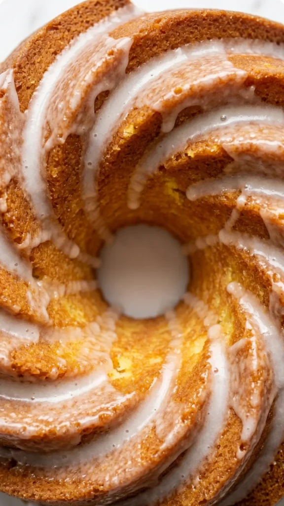 Nahaufnahme von Zitronen-Joghurt-Kuchen — Detailansicht der dicken Zuckerguss-Schicht auf den geschwungenen Kuchenrillen.