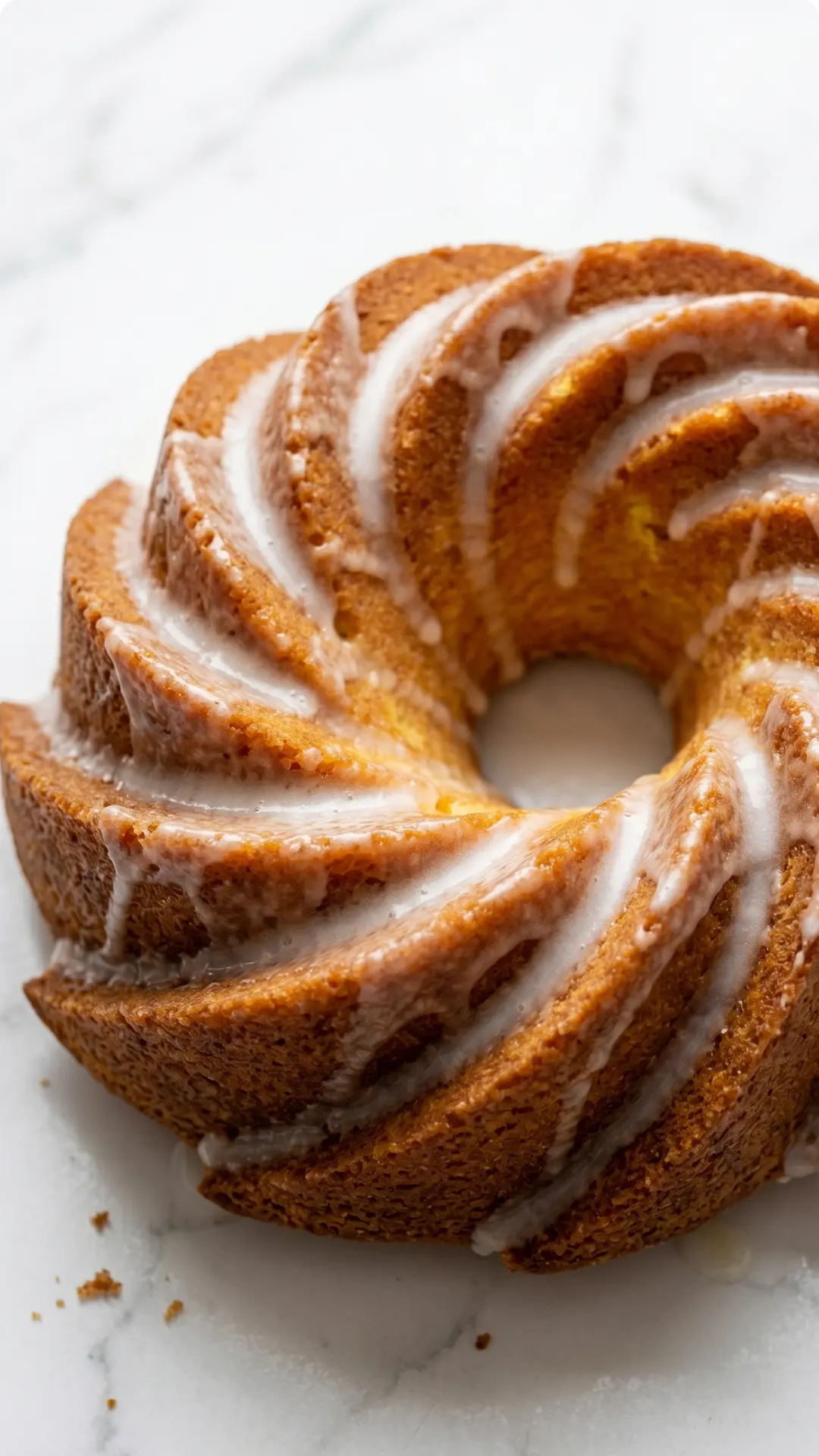 Zitronen-Joghurt-Kuchen frisch gebacken — Ein formschöner, goldbrauner Gugelhupf mit einer herabfließenden weißen Glasur.