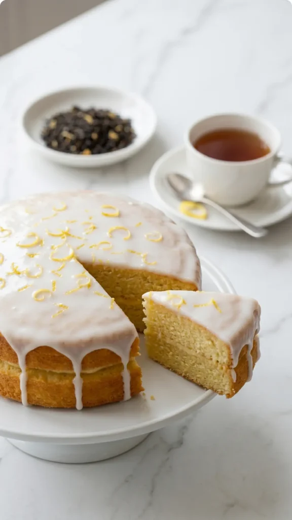 Zitronenkuchen serviert mit Earl-Grey-Tee — saftiger Kuchen mit Glasur neben einer Tasse Tee.