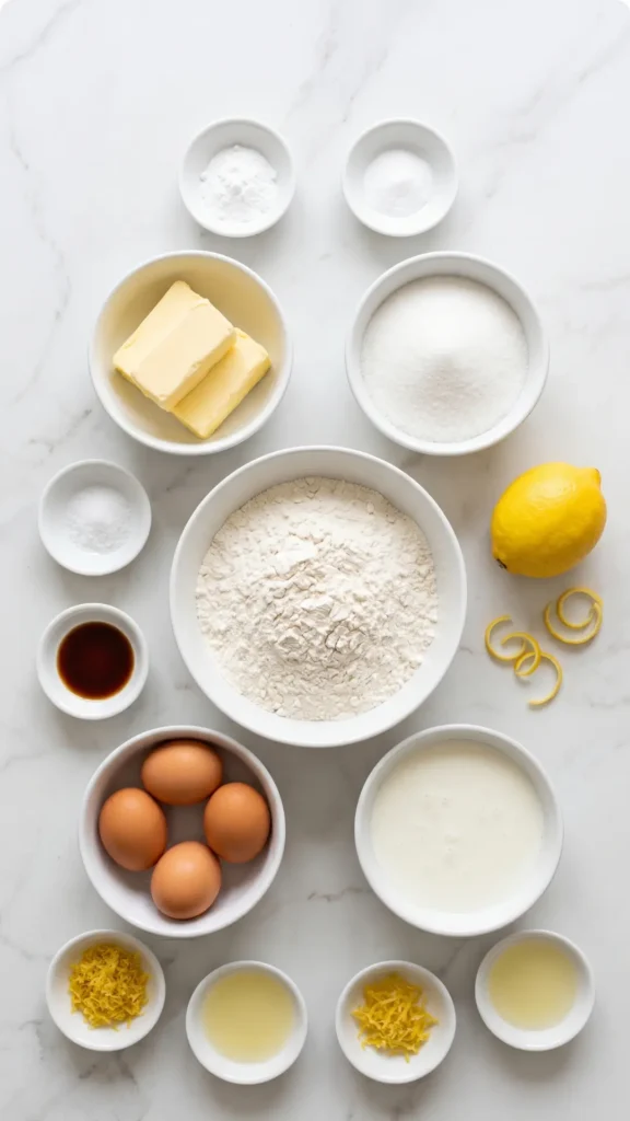 Zutaten für Zitronenkuchen: Mehl, Butter, Zucker, Eier und frische Zitronen in weißen Schalen.