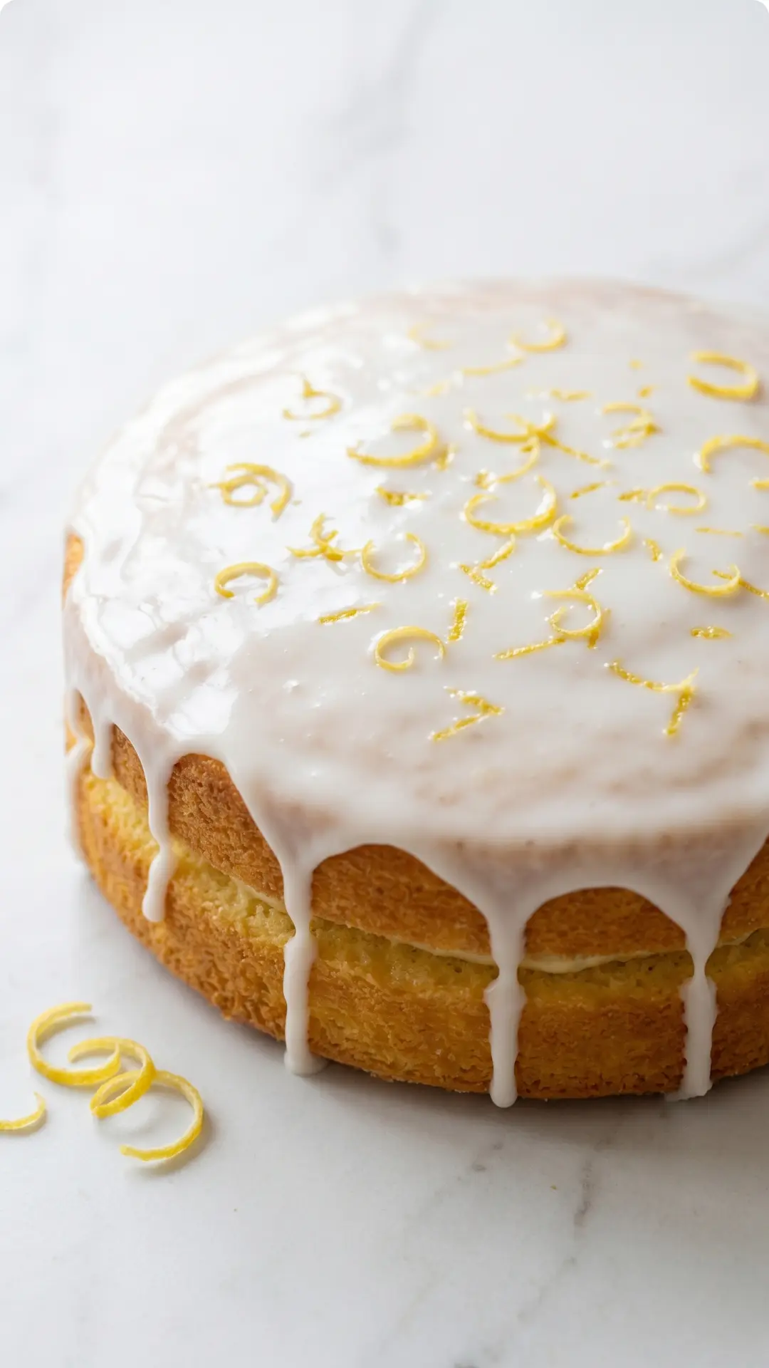 Zitronenkuchen frisch gebacken — glänzende Zitronenglasur tropft über zweistöckigen, hellgelben Kuchen.