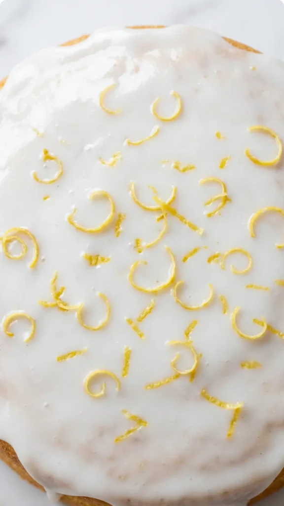 Nahaufnahme von Zitronenkuchen — Detailansicht der glänzenden Zitronenglasur mit Zitronenschalenstückchen.