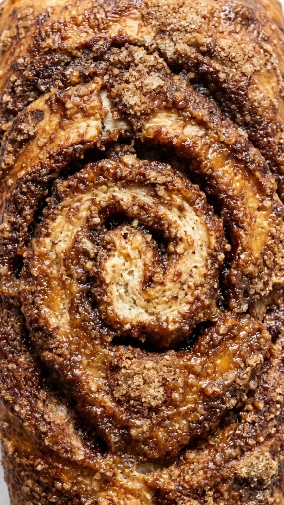Nahaufnahme von Sauerteig-Rest Zimt Brot — Detailansicht der karamellisierten, glänzenden Zimt-Zucker-Marmorierung.