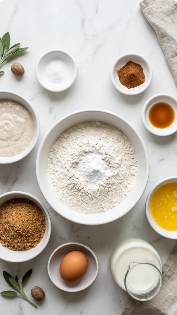 Zutaten für Sauerteig-Zimt-Brot: Allzweckmehl, Sauerteig-Rest, brauner Zucker, geschmolzene Butter, Milch, Ei und Zimt.
