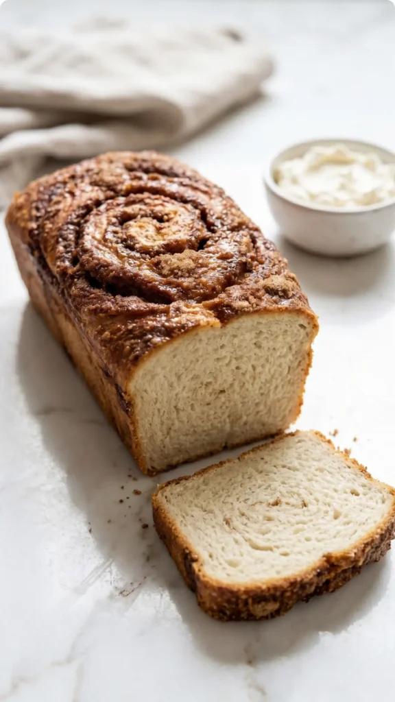Sauerteig-Rest Zimt Brot serviert mit milder Frischkäse — Eine abgeschnittene, saftige Brotscheibe mit Zimtwirbeln neben Frischkäse.