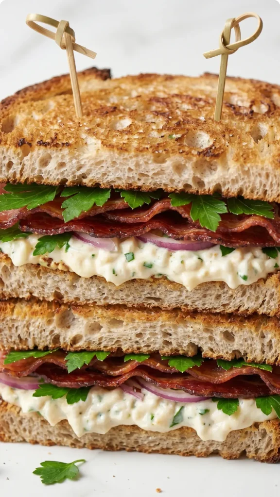 Nahaufnahme von Sauerteig-Sandwich mit Bacon — Detailansicht der röscher Brotkruste und des cremigen Selleriesalats.
