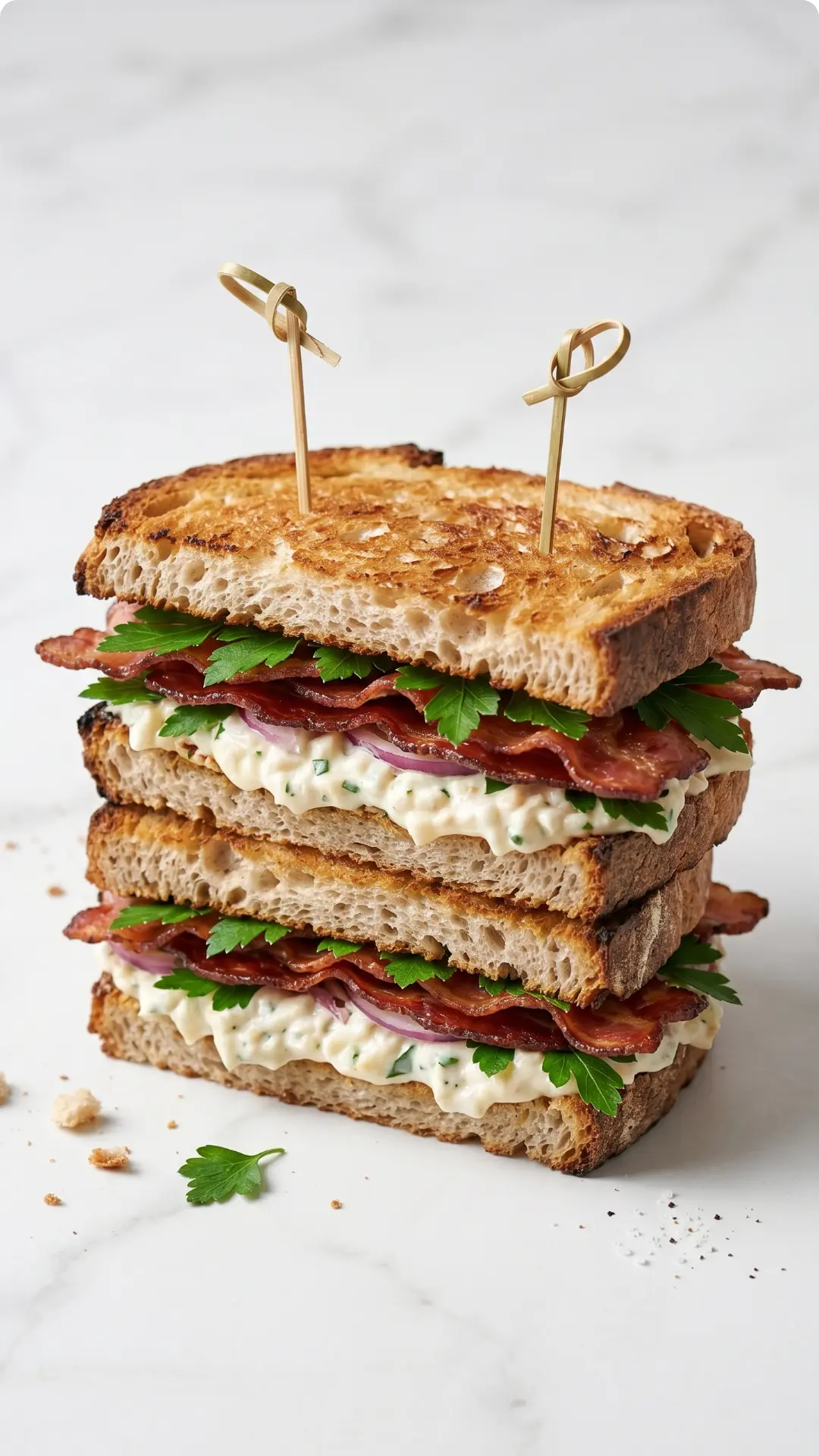 Sauerteig-Sandwich mit Bacon frisch gebacken — Knusprig getoastetes, reich belegtes Speck-Sandwich auf weißem Marmor.