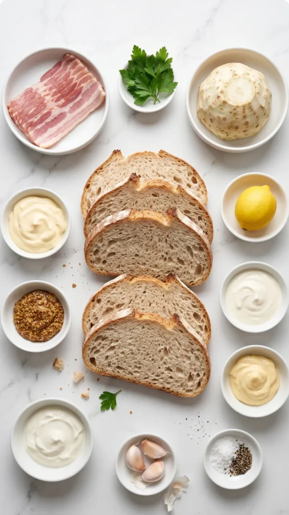Zutaten für Sauerteig-Sandwich mit Bacon: Sauerteigbrot, Speckscheiben, eine Sellerieknolle, Mayonnaise und frische Kräuter.