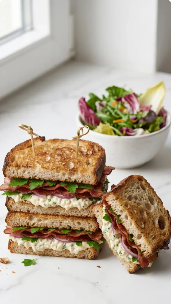 Sauerteig-Sandwich serviert mit bunter Blattsalat — Ein halbiertes Speck-Sandwich liegt appetitlich neben einer Schale Salat.