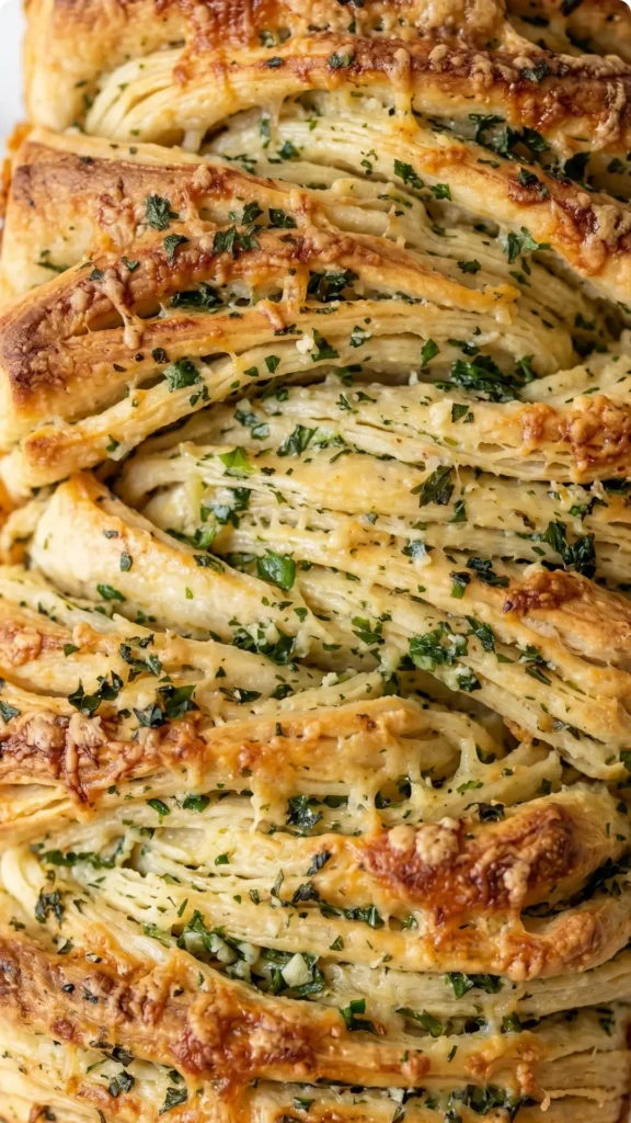 Nahaufnahme von Zupfbrot mit Kräuterbutter — Detailansicht der gefalteten Teigschichten mit geschmolzener Butter und Kräutern.