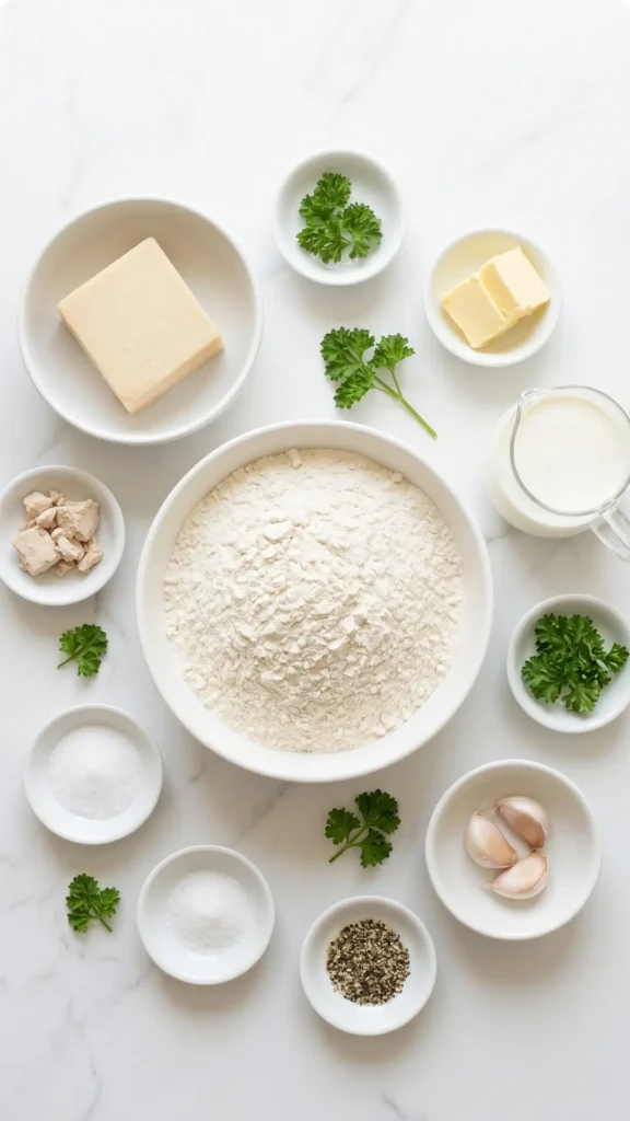 Zutaten für Kräuterbutter-Zupfbrot: Weizenmehl, Frischhefe, viel Butter, Knoblauch, Parmesan und frische krause Petersilie.