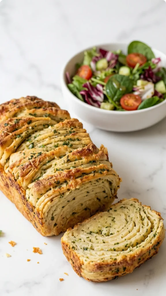 Zupfbrot mit Kräuterbutter serviert mit bunter Blattsalat — Ein abgebrochenes, buttriges Teigstück liegt einladend neben frischem Salat.