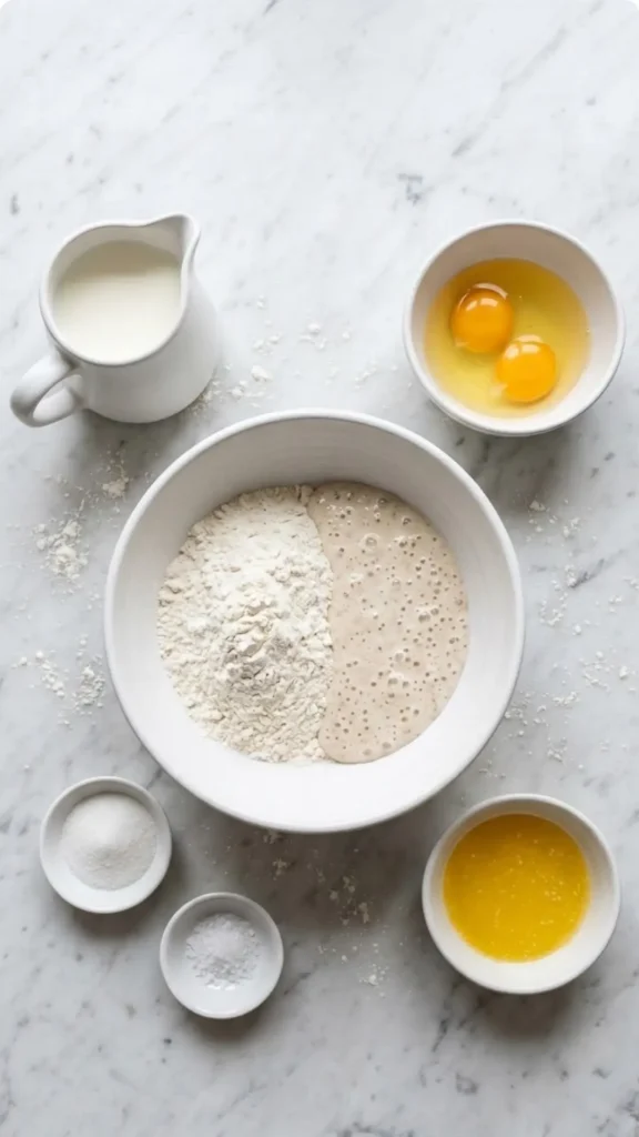 Zutaten für Sauerteig-Crepes: Mehl, Sauerteigrest, Milch, Eier, geschmolzene Butter, Zucker und Salz auf weißem Marmor.