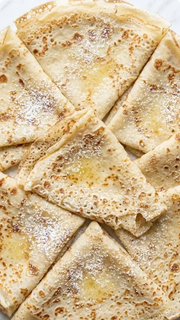 Nahaufnahme von Sauerteig-Crepes — Detailierte Ansicht der hauchzarten Struktur und der feinen Bräunungspunkte des Fladens.