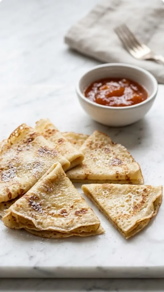 Sauerteig-Crepes serviert mit Marmelade — Ein zarter Pfannkuchen gefaltet neben einer Schale mit fruchtiger Konfitüre.
