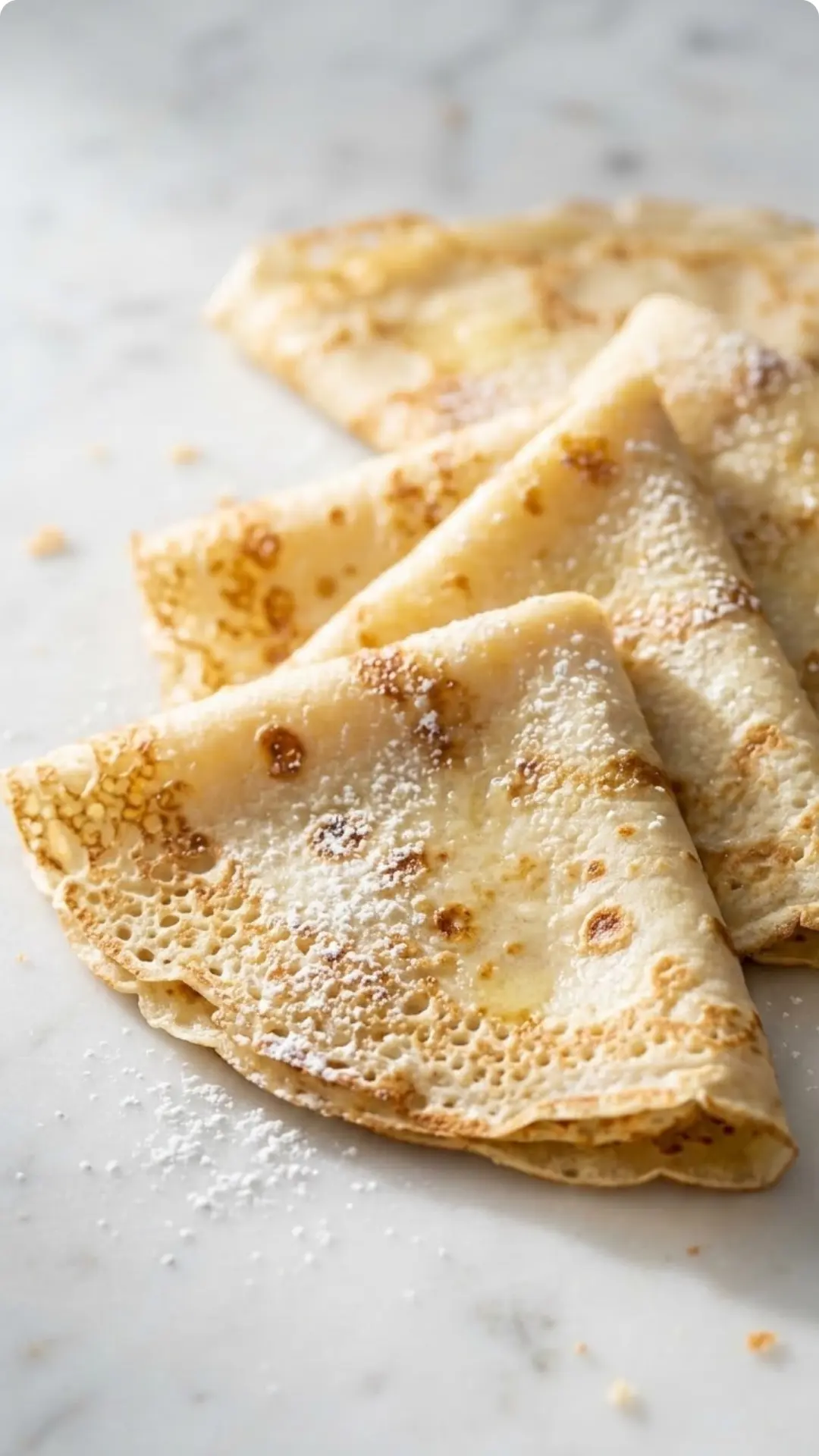Sauerteig-Crepes frisch gebacken — Hauchdünne, goldbraun gemusterte Pfannkuchen kunstvoll gefaltet auf weißem Marmor.