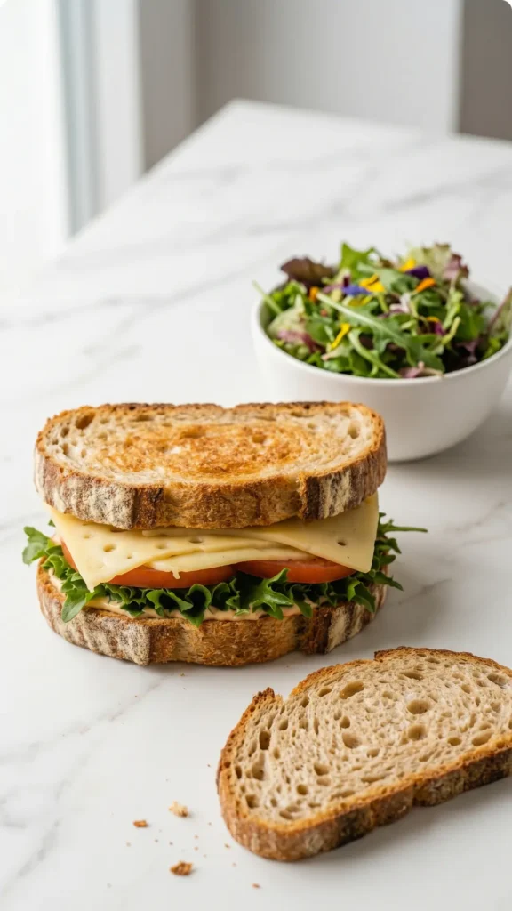 Sauerteigbrot-Sandwich serviert mit bunter Blattsalat — Ein halbiertes Käsesandwich liegt neben einer Schale frischem Salat.