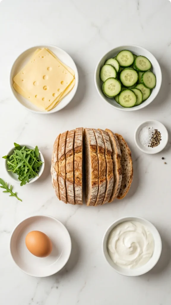 Zutaten für Sauerteigbrot-Sandwich: Sauerteigbrot-Scheiben, Fol Epi Käse, ein frisches Ei, Gurke und griechischer Joghurt.
