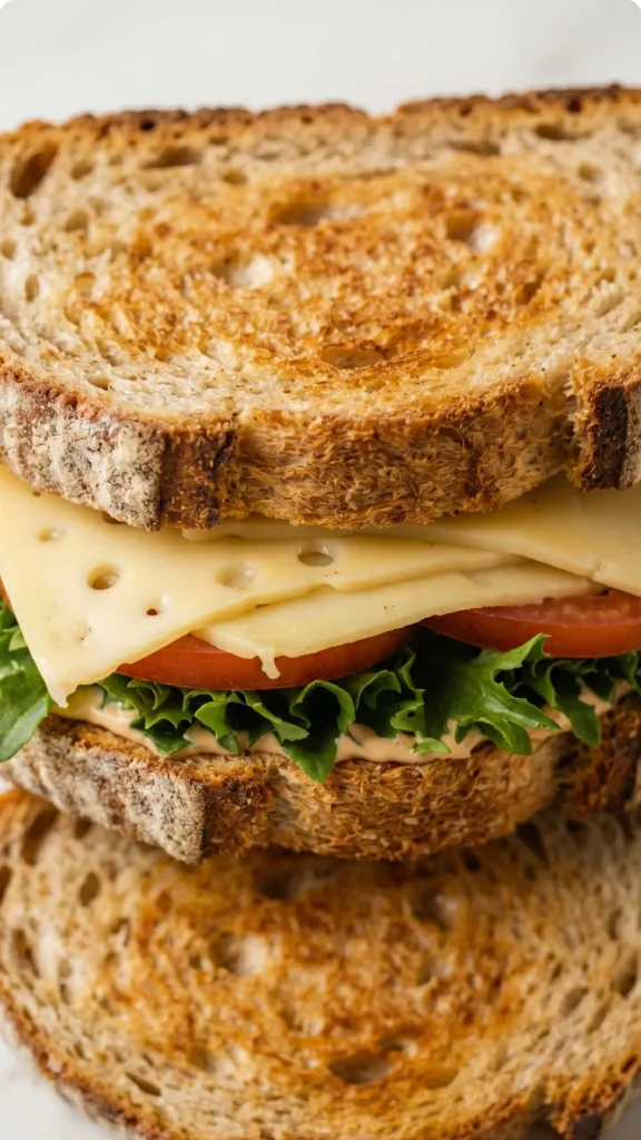 Nahaufnahme von Sauerteigbrot-Sandwich — Detailansicht der knusprigen Brotkruste und der cremigen Joghurt-Ei-Schichten.