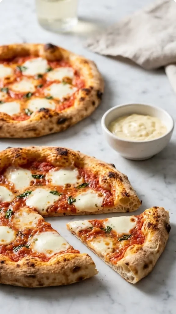 Sauerteigrest Pizza serviert mit Aioli — Ein abgeschnittenes Stück Pizza zeigt den dünnen, krossen Boden und luftigen Rand.