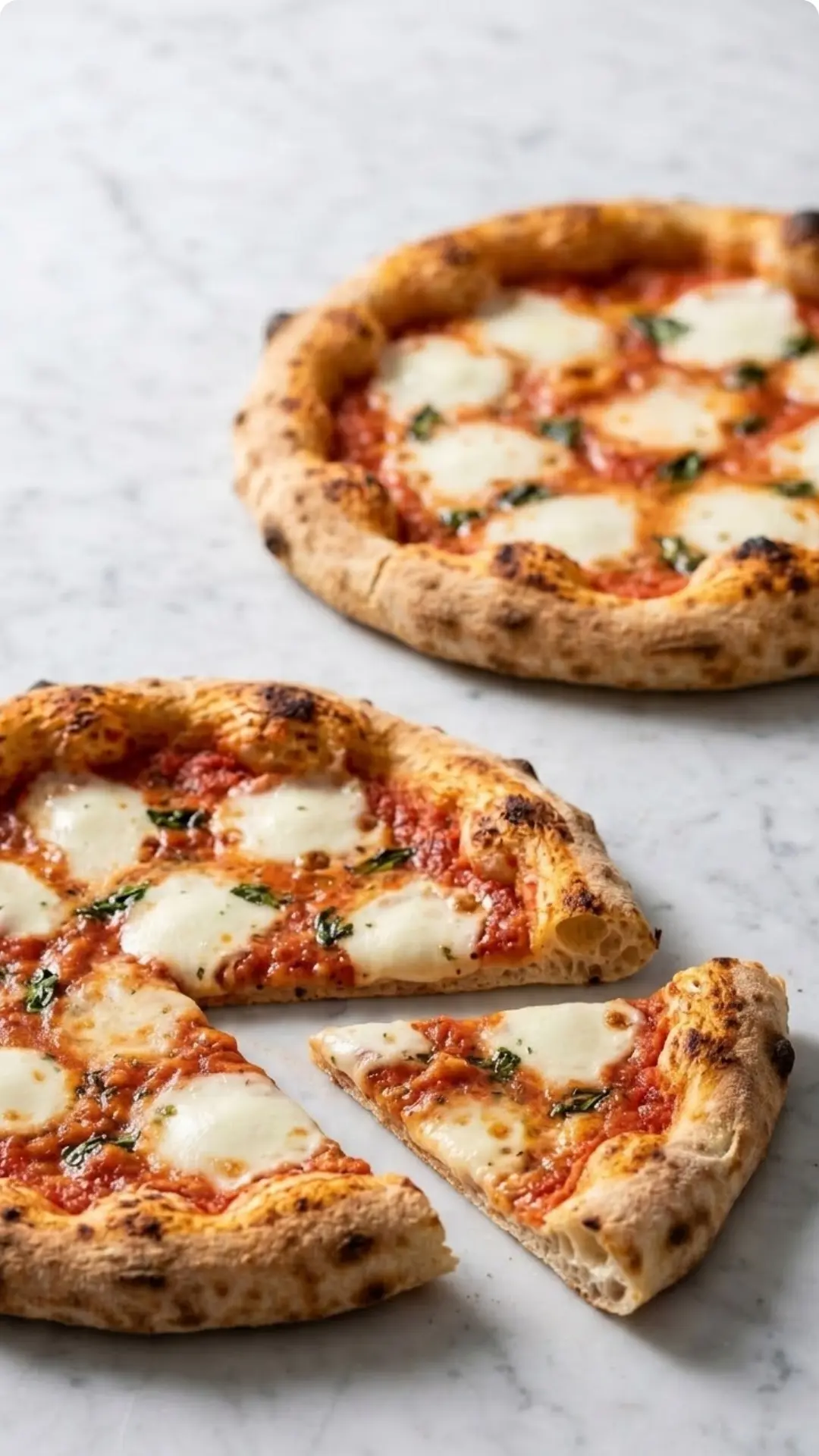 Sauerteigrest Pizza frisch gebacken — Knuspriger, goldbrauner Rand mit saftig geschmolzenem Mozzarella und Tomatensoße.