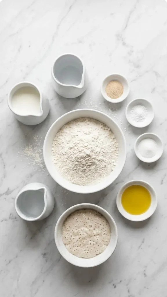 Zutaten für Sauerteigrest Pizza: Weizenmehl, Milch, Olivenöl und Sauerteigrest ordentlich auf weißem Marmor angerichtet.