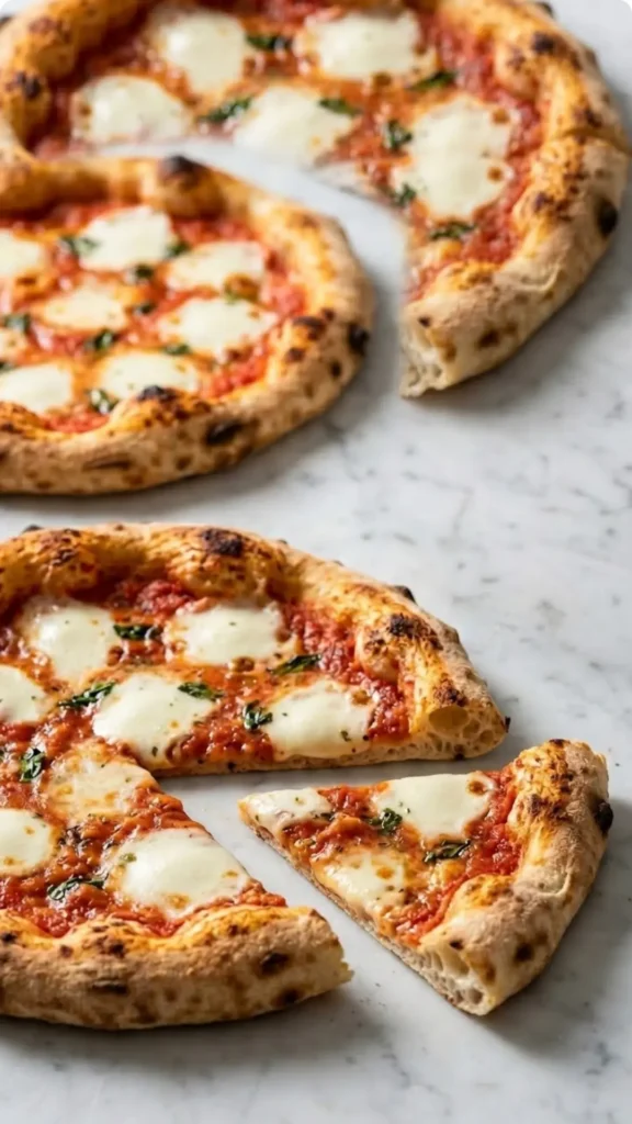Nahaufnahme von Sauerteigrest Pizza — Detailierte Ansicht des geschmolzenen Käses und der Blasen auf dem krossen Pizzarand.